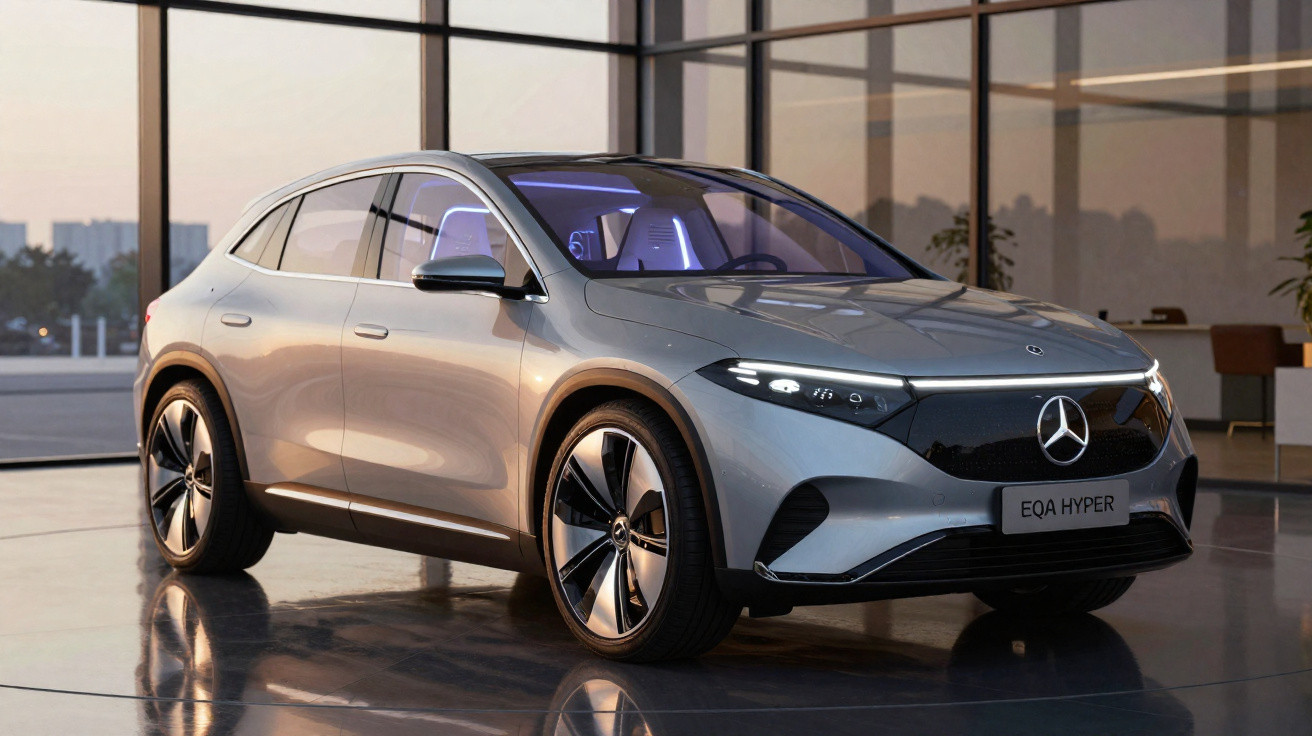 Carro elétrico Mercedes-Benz EQA Hyper prata em ambiente interno com piso reflexivo e janelas grandes ao fundo.