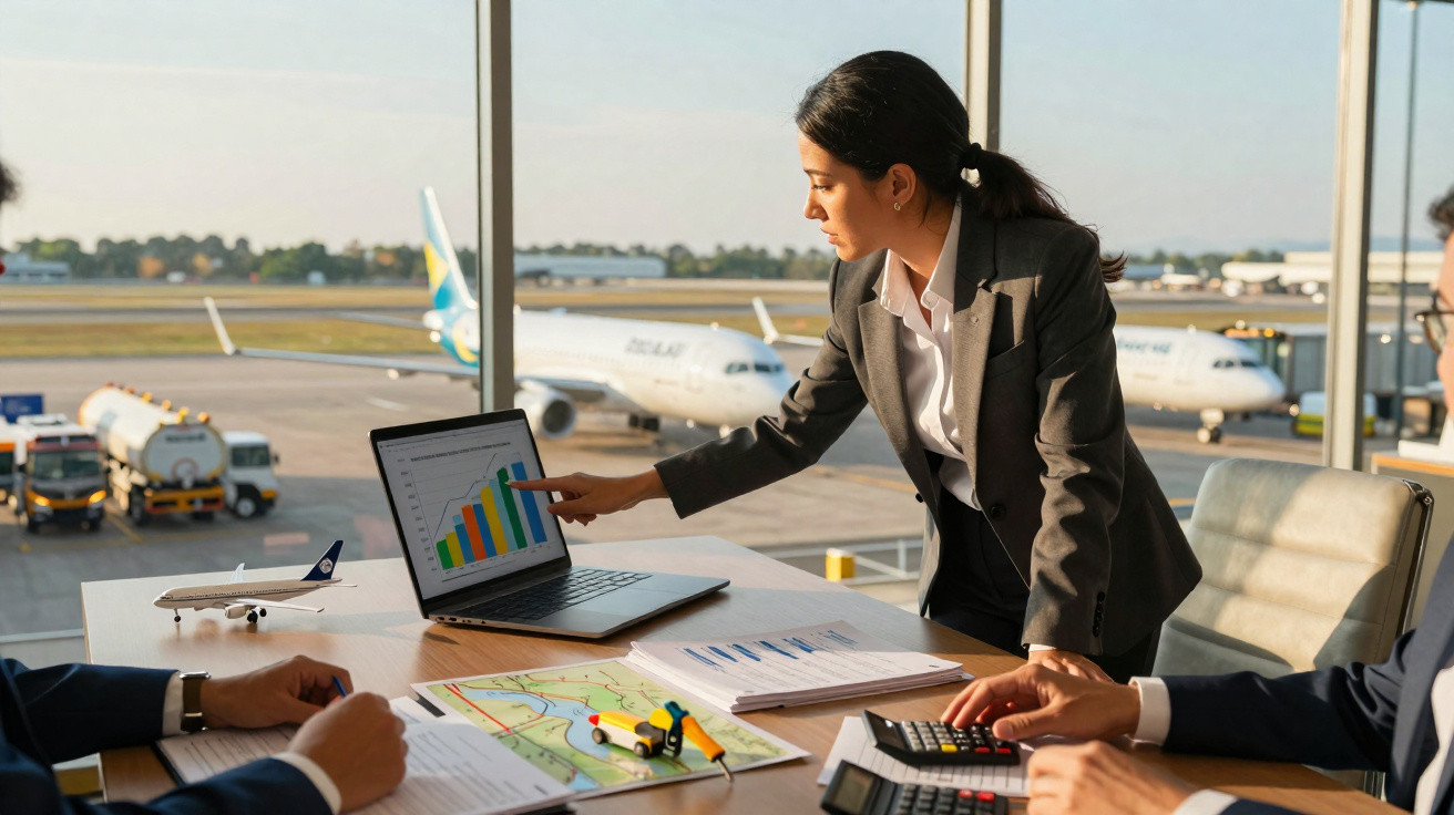 Mulher de negócio apresenta gráfico em laptop durante reunião com colegas em sala com vista para aeroporto.
