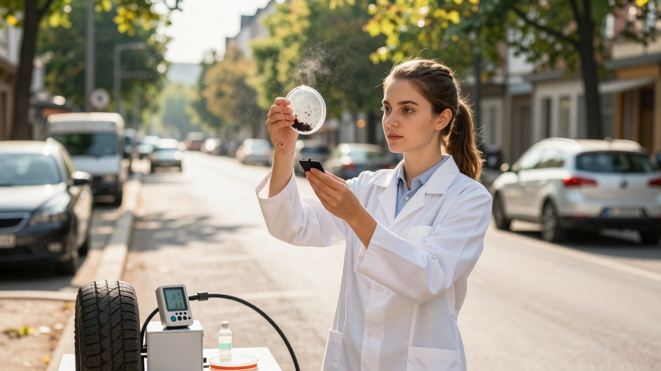Mulher cientista com jaleco branco analisando amostra em placa de petri na rua com equipamentos de teste.