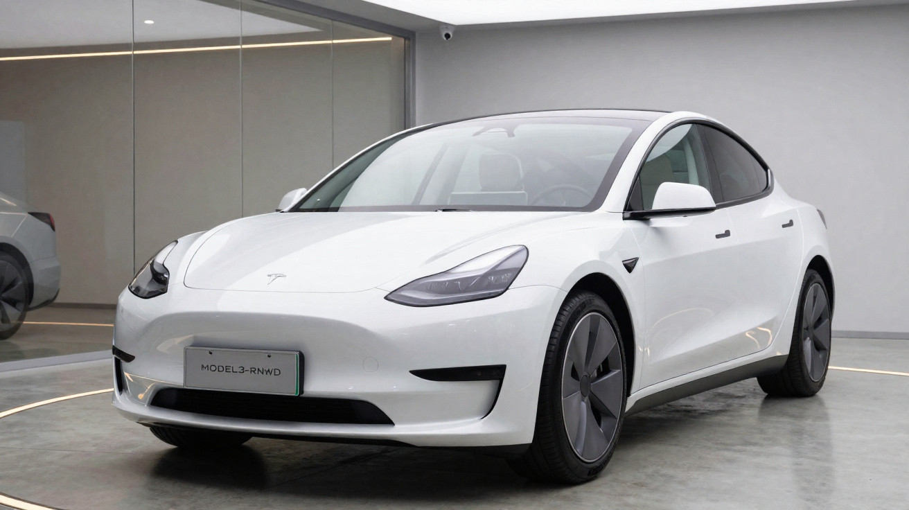 Carro elétrico branco Tesla Model 3 estacionado em ambiente interno com parede cinza ao fundo.
