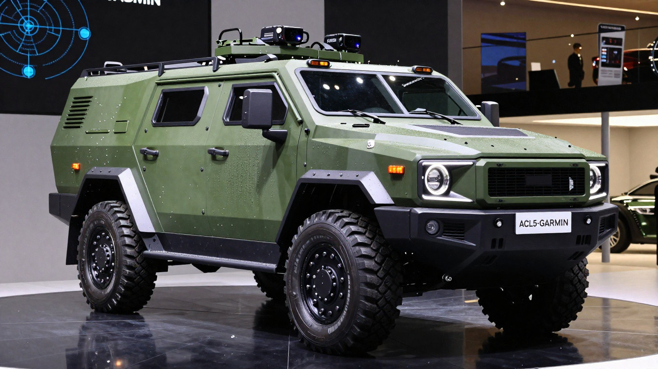 Veículo militar blindado verde com pneus grandes exibido em estande interno de exposição.