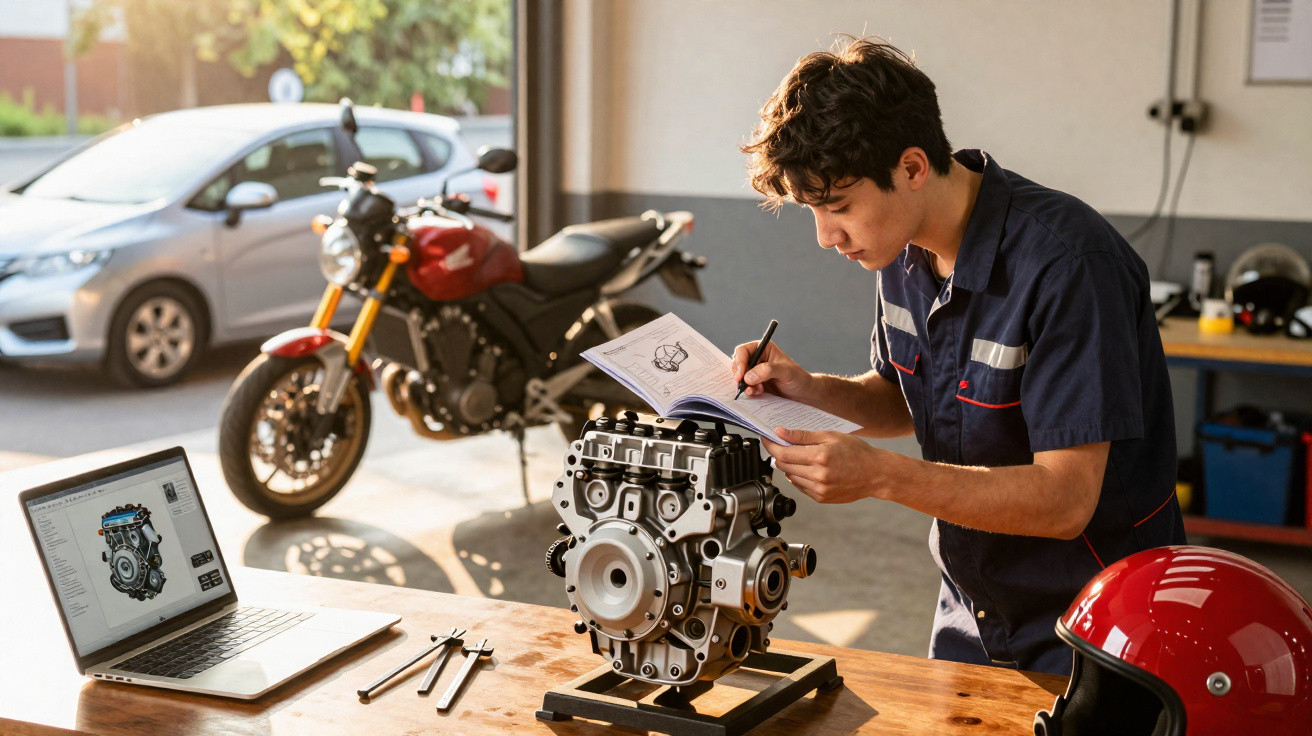 Jovem estudando manual técnico de motor em oficina com motocicleta, capacete e laptop.