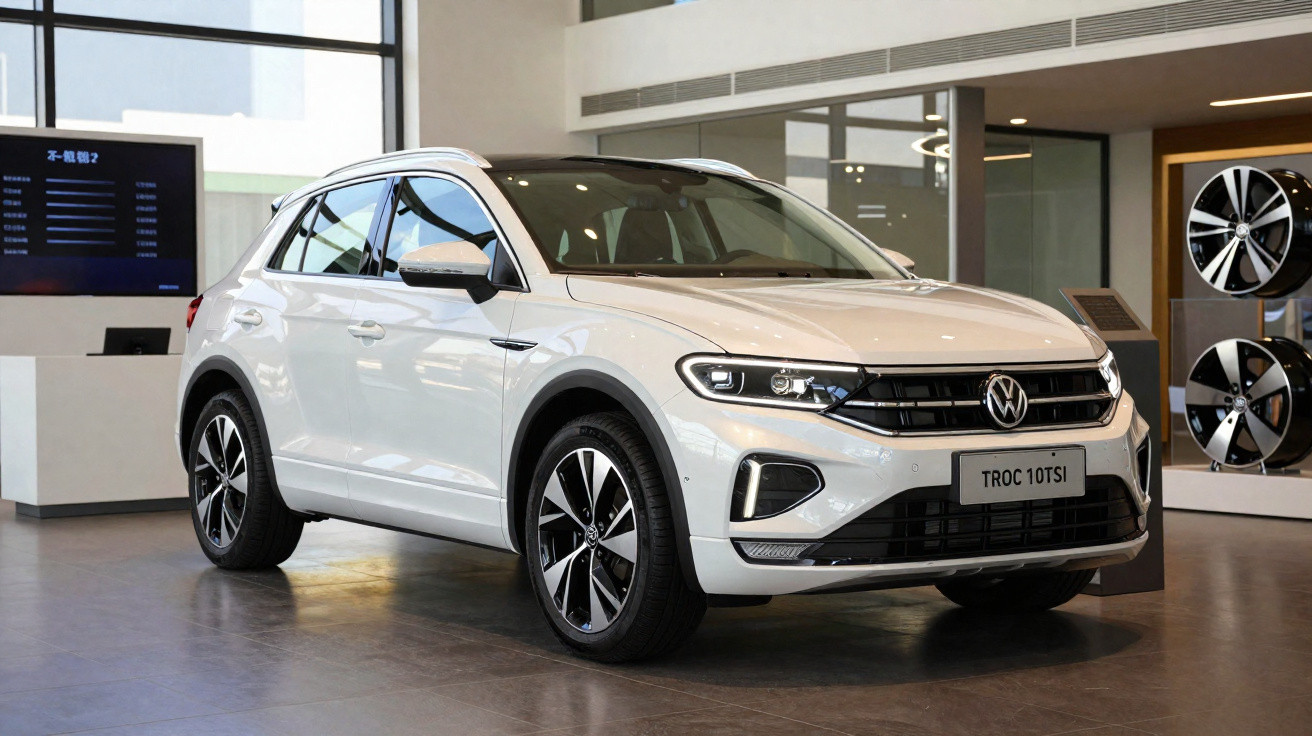 Carro SUV Volkswagen T-Roc branco exposto em showroom moderno com rodas e detalhes visíveis.