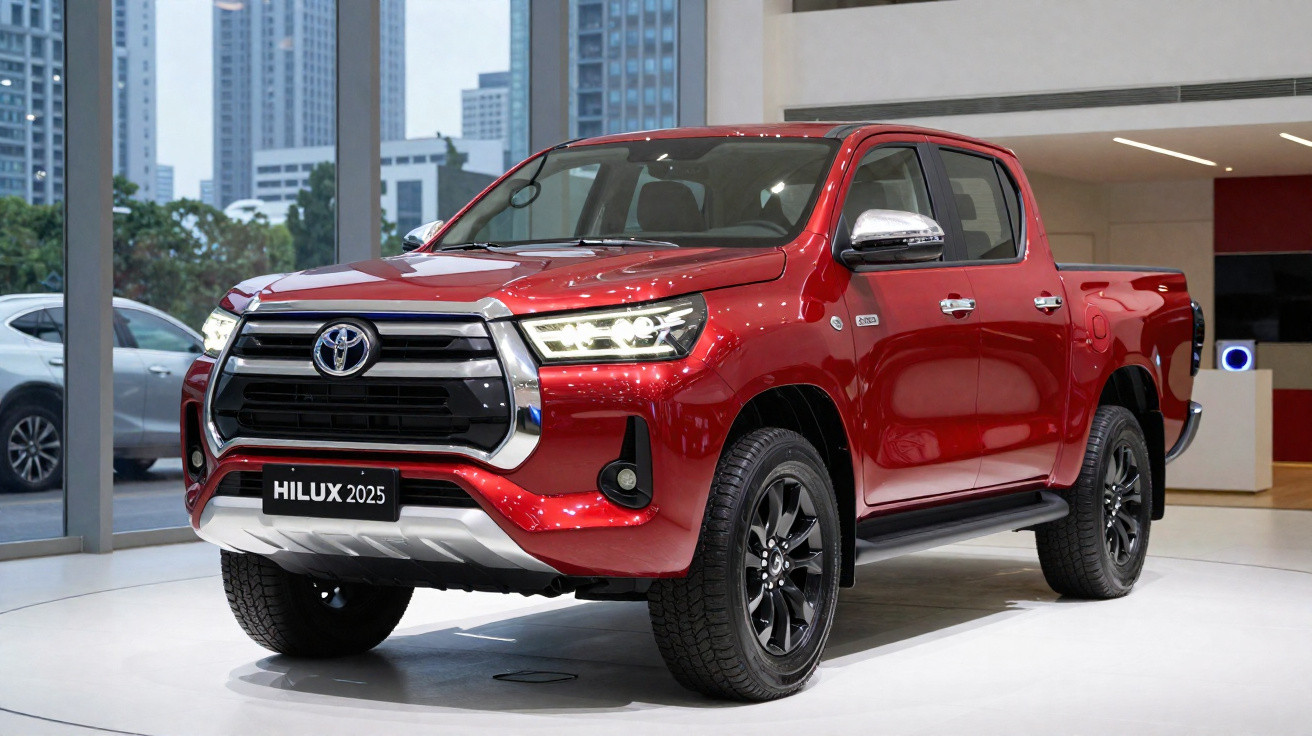 Picape Toyota Hilux 2025 vermelha exposta em showroom moderno com prédios ao fundo.
