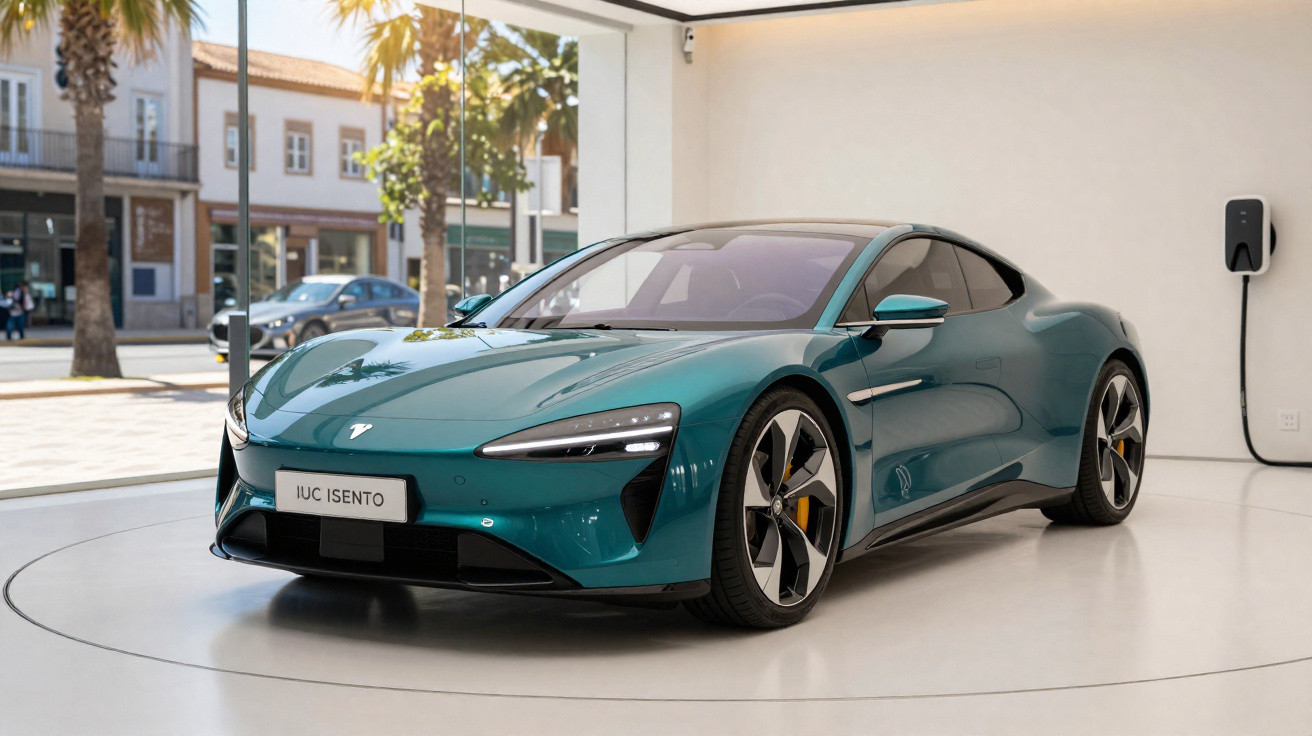 Carro elétrico esportivo azul estacionado em showroom com estação de recarga na parede.