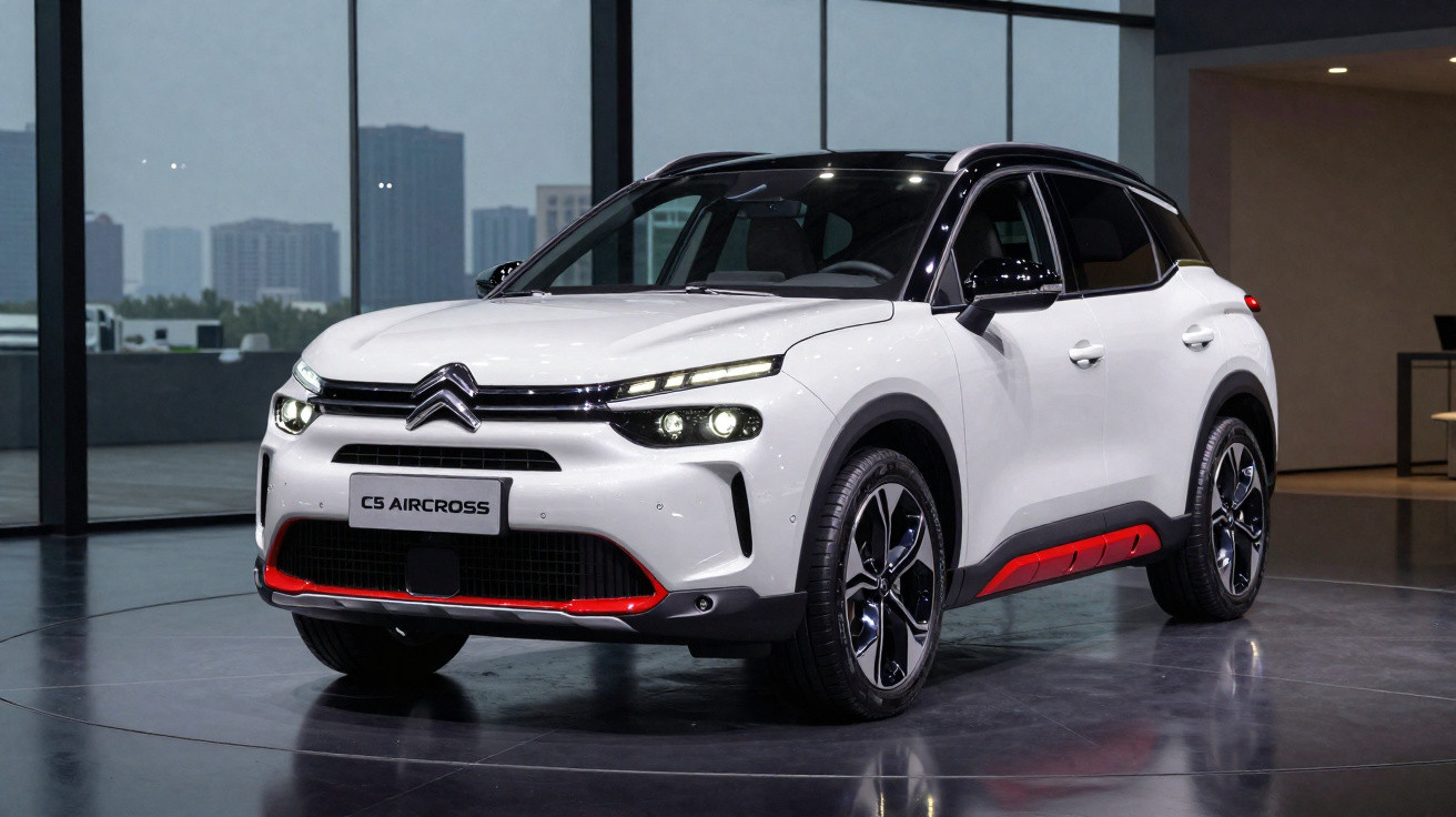 SUV Citroën C5 Aircross branco com detalhes vermelhos exibido em ambiente interno moderno.