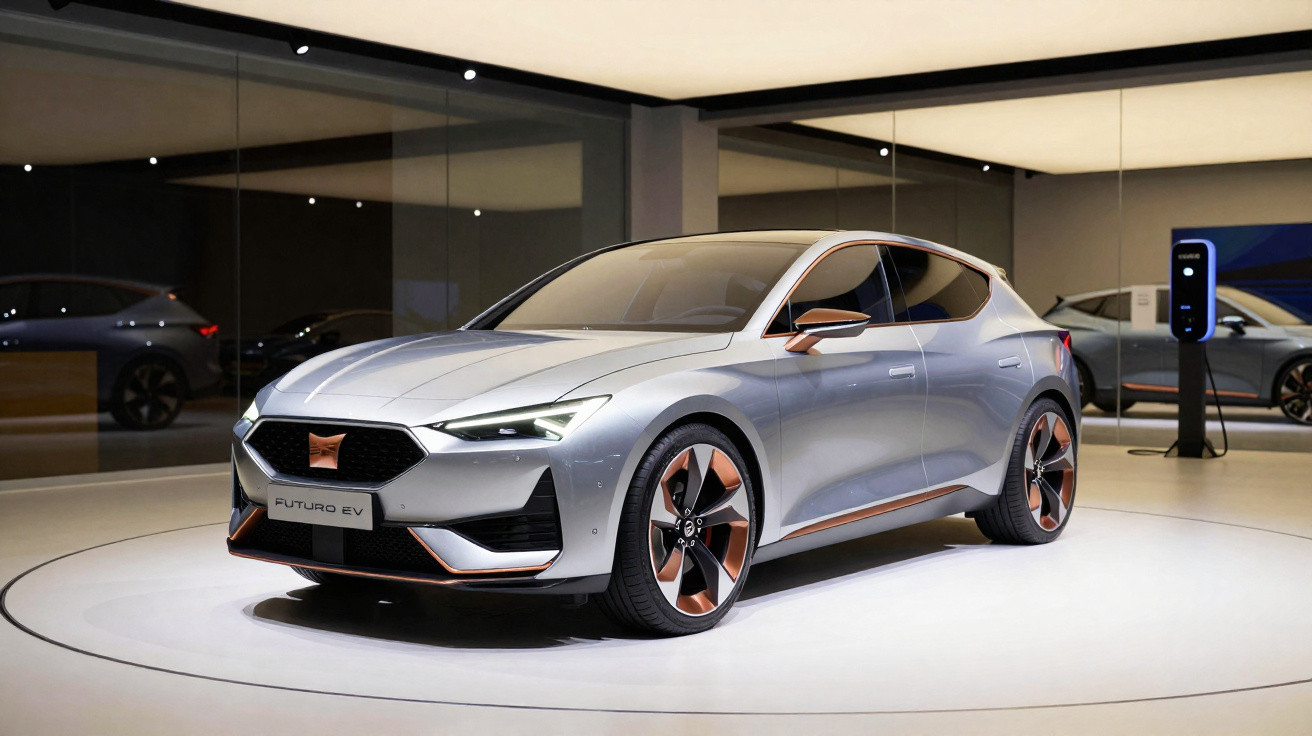 Carro elétrico futurista prata exibido em estande, com rodas e detalhes em cobre, refletido em espelhos.