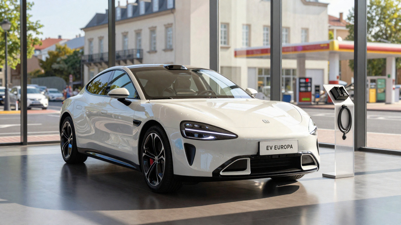 Carro elétrico branco estacionado em showroom com estação de recarga à direita.