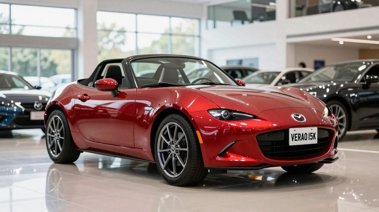Carro esportivo conversível vermelho Mazda MX-5 estacionado em showroom moderno e iluminado.