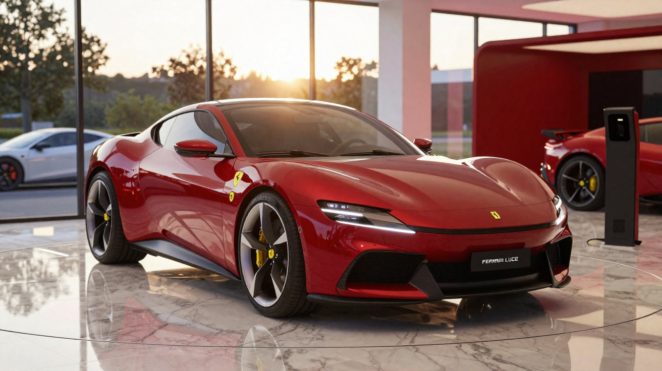 Carro esportivo Ferrari vermelho estacionado em showroom com piso de mármore e luz natural entrando pelas janelas.