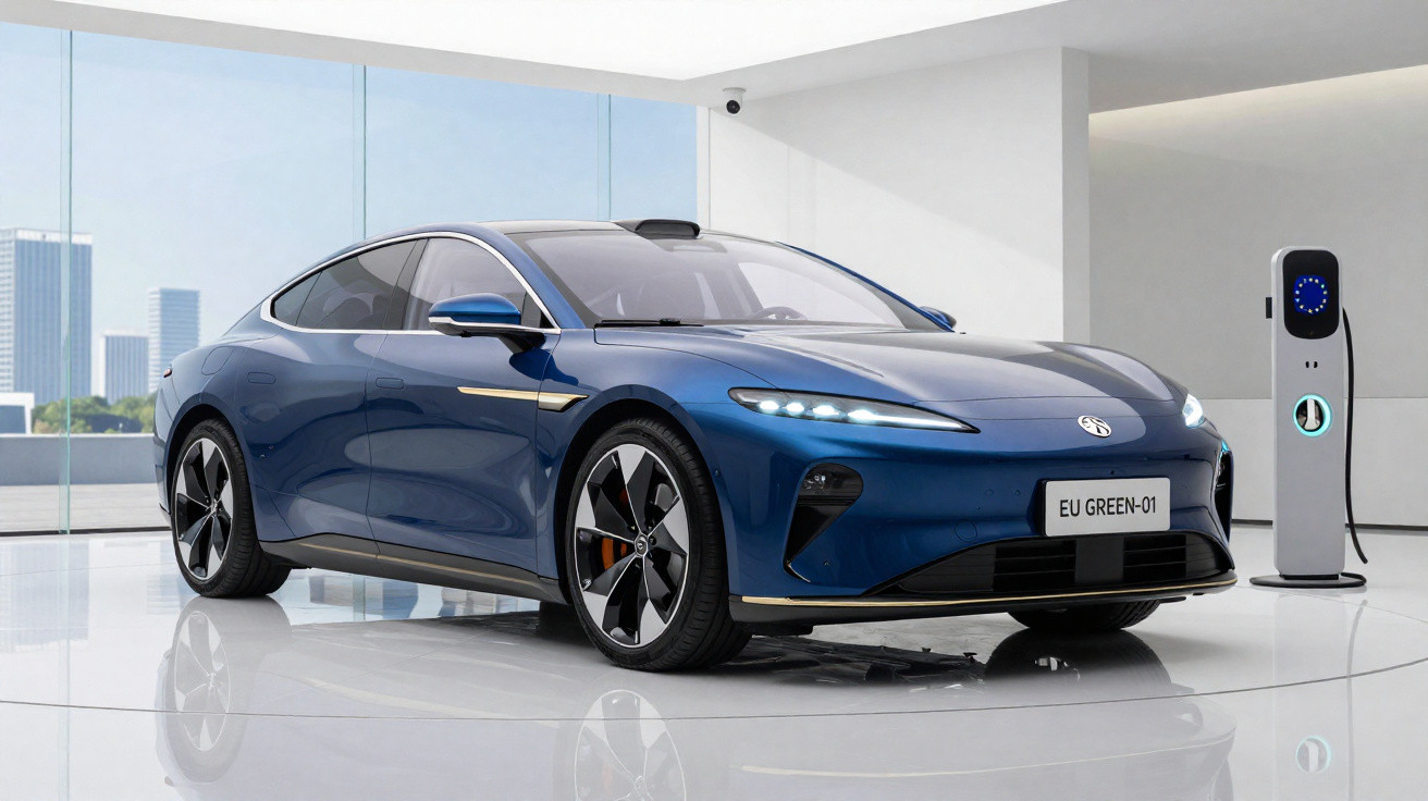 Carro elétrico azul conectado a estação de recarga em ambiente interno moderno e iluminado.