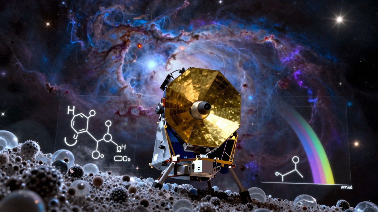 Sonda espacial com antena dourada em superfície rochosa, com nuvens cósmicas e moléculas flutuantes ao fundo.