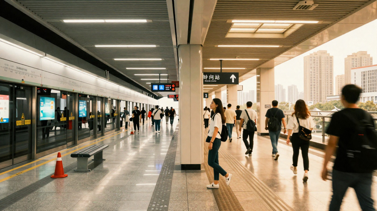 Estação de metrô com várias pessoas caminhando na plataforma e prédios altos ao fundo.