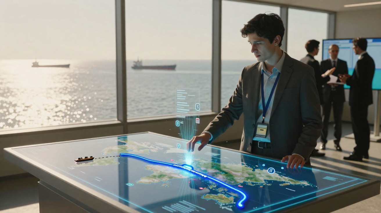Homem interage com mesa digital exibindo mapa marítimo e rotas, com navios visíveis ao fundo.
