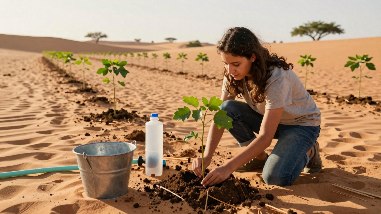 Menina plantando muda em área desértica com balde e garrafa ao lado em dia ensolarado.