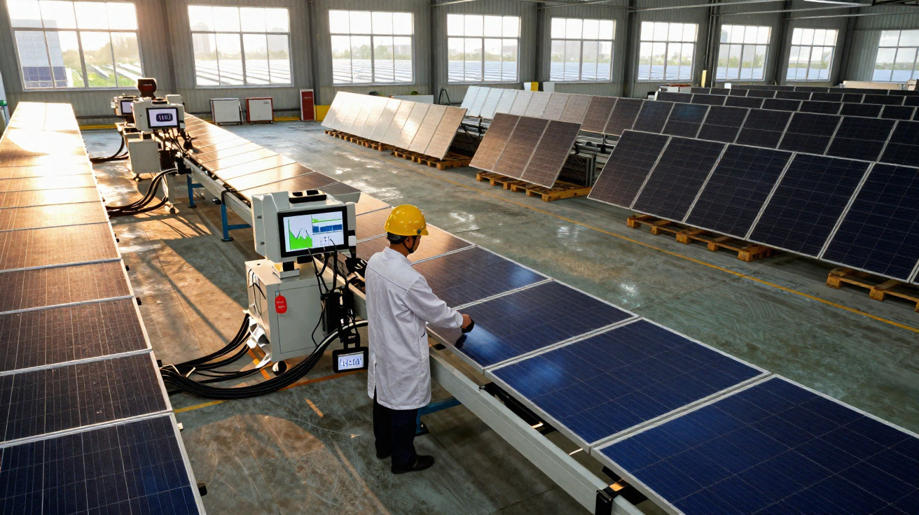 Homem com capacete e jaleco inspeciona painéis solares em linha de produção dentro de fábrica iluminada.