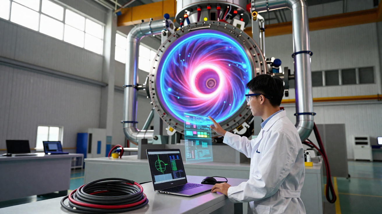 Cientista operando computador futurista diante de grande máquina brilhante com tubo e gráficos holográficos.