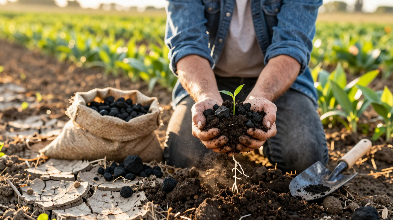 Pessoa ajoelhada segurando muda com terra em campo seco, ao lado saco de adubo e pá de jardim.