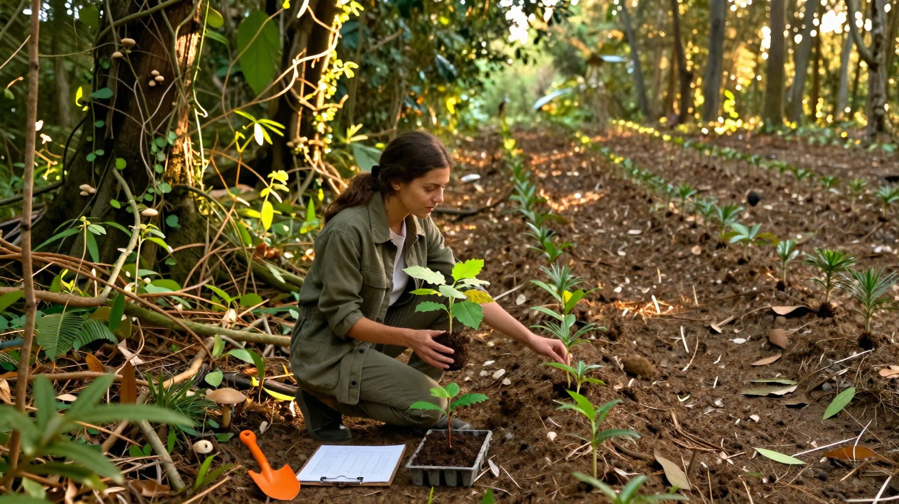 Mulher planta mudas em fileiras organizadas em área de reflorestamento próxima a floresta.