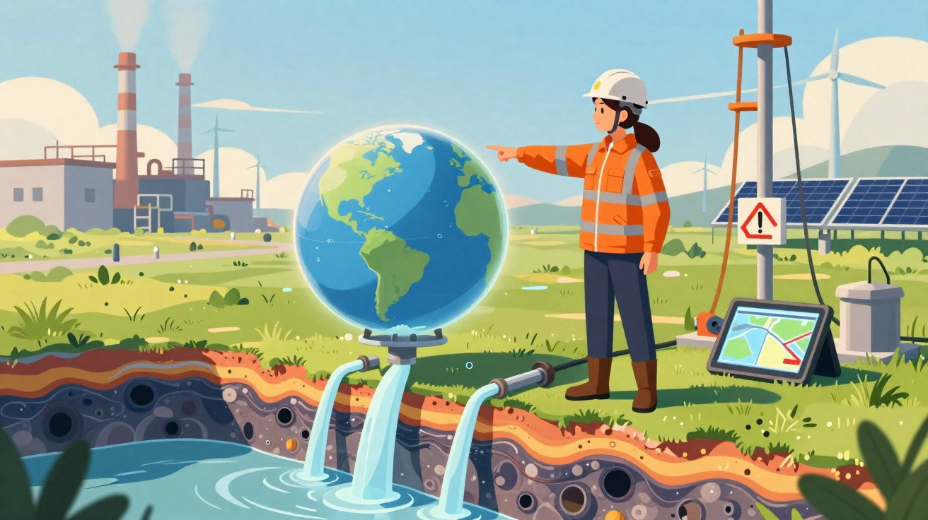 Engenheira ambiental monitora planeta Terra sobre fonte de água, com usina de energia eólica e solar ao fundo.