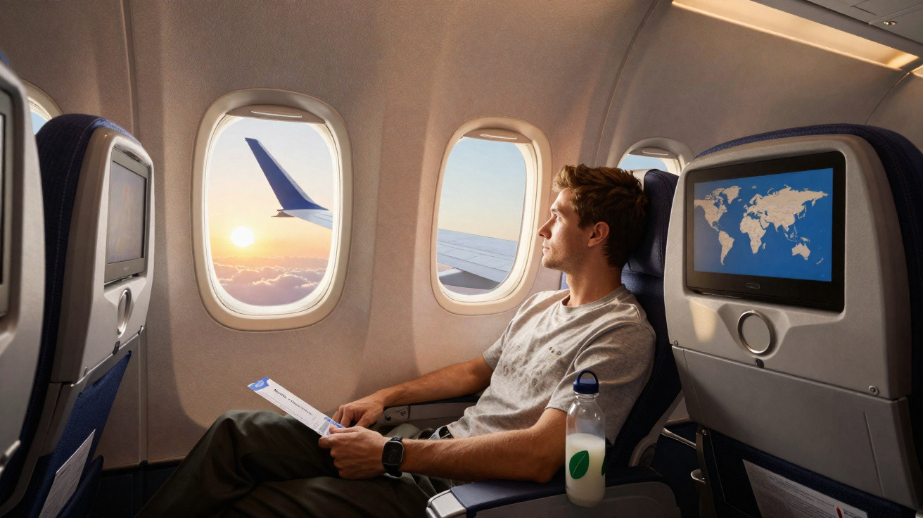 Homem sentado em avião olhando pela janela com pôr do sol, segurando documento na mão.