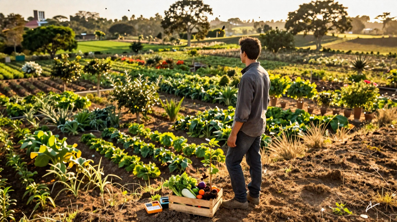 Homem observa horta com diversas plantas e verduras ao pôr do sol, com cesta de legumes à frente.
