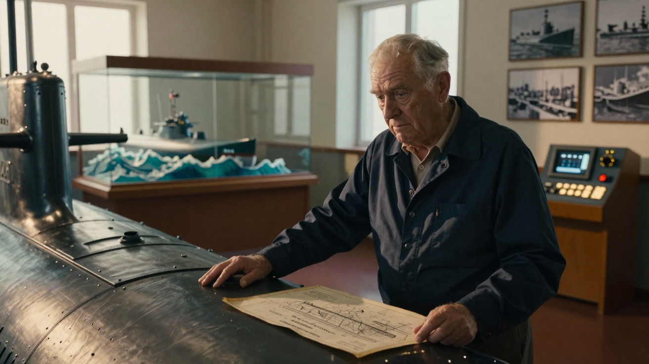 Idoso observa planta baixa sobre um modelo de submarino em uma sala de exposição com fotos e maquetes.