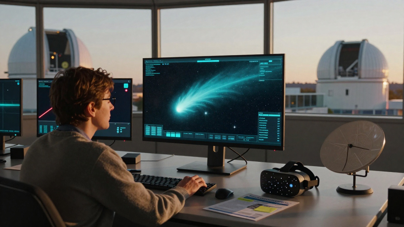 Pessoa observando imagem de cometa em monitor de computador em observatório astronômico moderno.