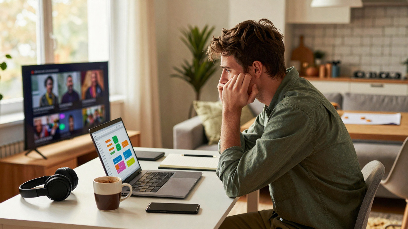 Homem jovem trabalhando em videoconferência em casa, usando laptop e assistindo pessoas na TV.