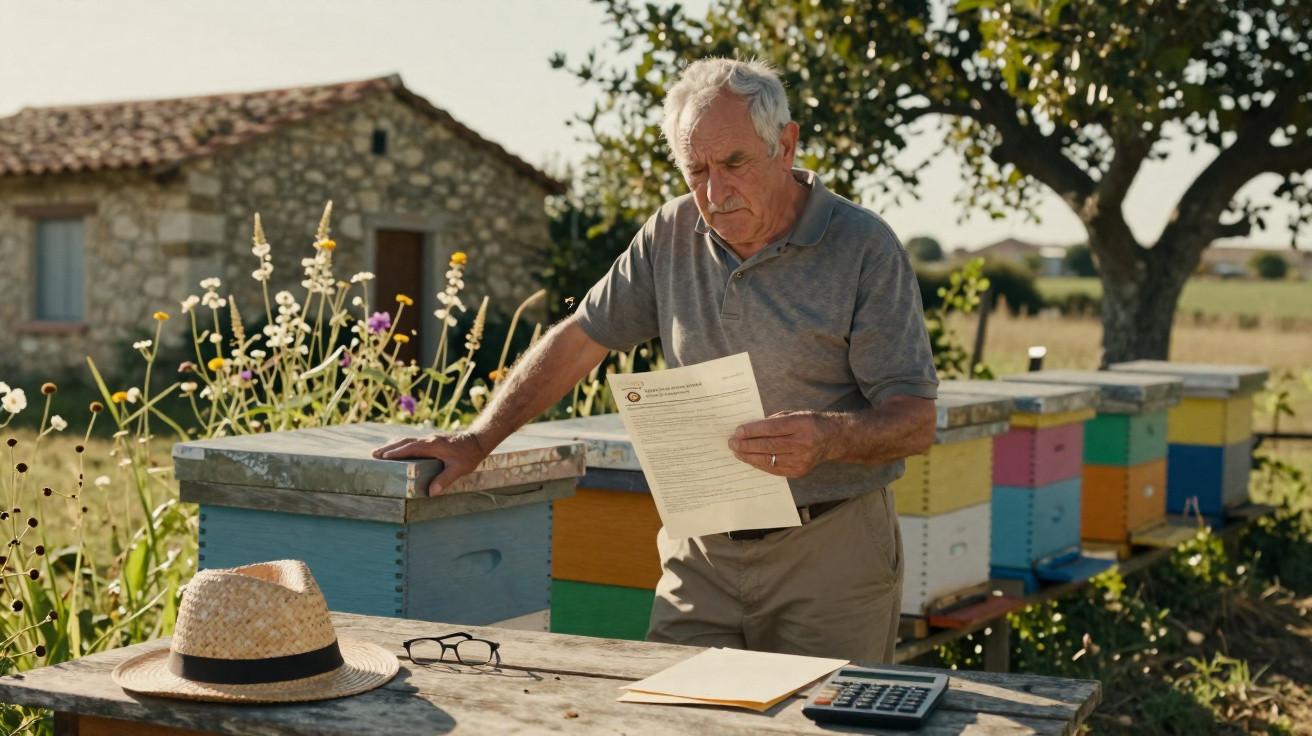 Homem idoso lendo documento ao ar livre próximo a colmeias coloridas com chapéu e calculadora sobre mesa.