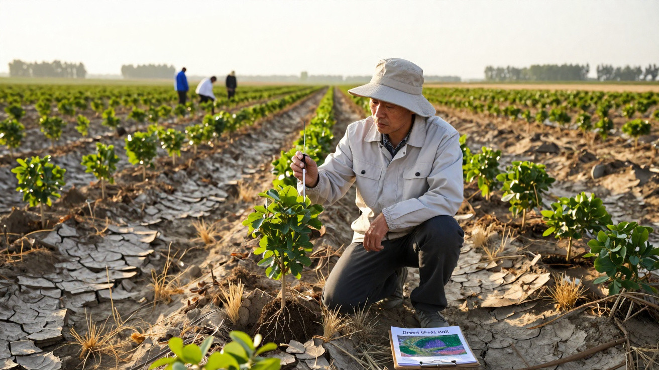 Agricultor com chapéu analisa planta em terreno seco com plantas em fileiras e caderno ao lado.