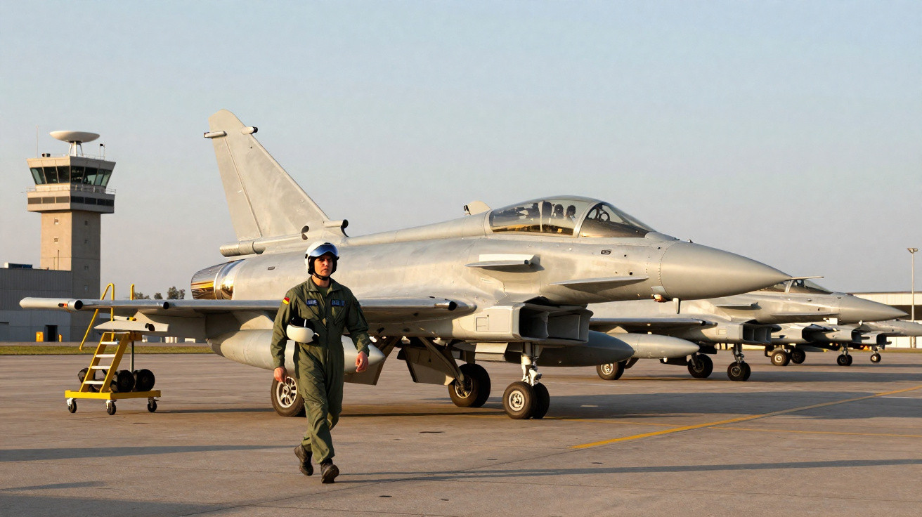 Caça militar estacionado em pista de aeroporto com piloto caminhando à frente e torre de controle ao fundo.