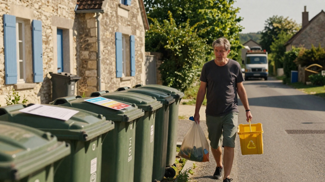 Homem jovem caminhando na rua com balde amarelo de reciclagem e saco de lixo próximo a lixeiras verdes.