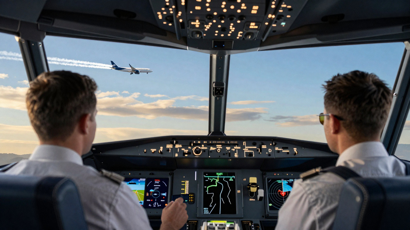 Dois pilotos dentro da cabine de comando de avião observando outra aeronave voando ao lado ao pôr do sol.