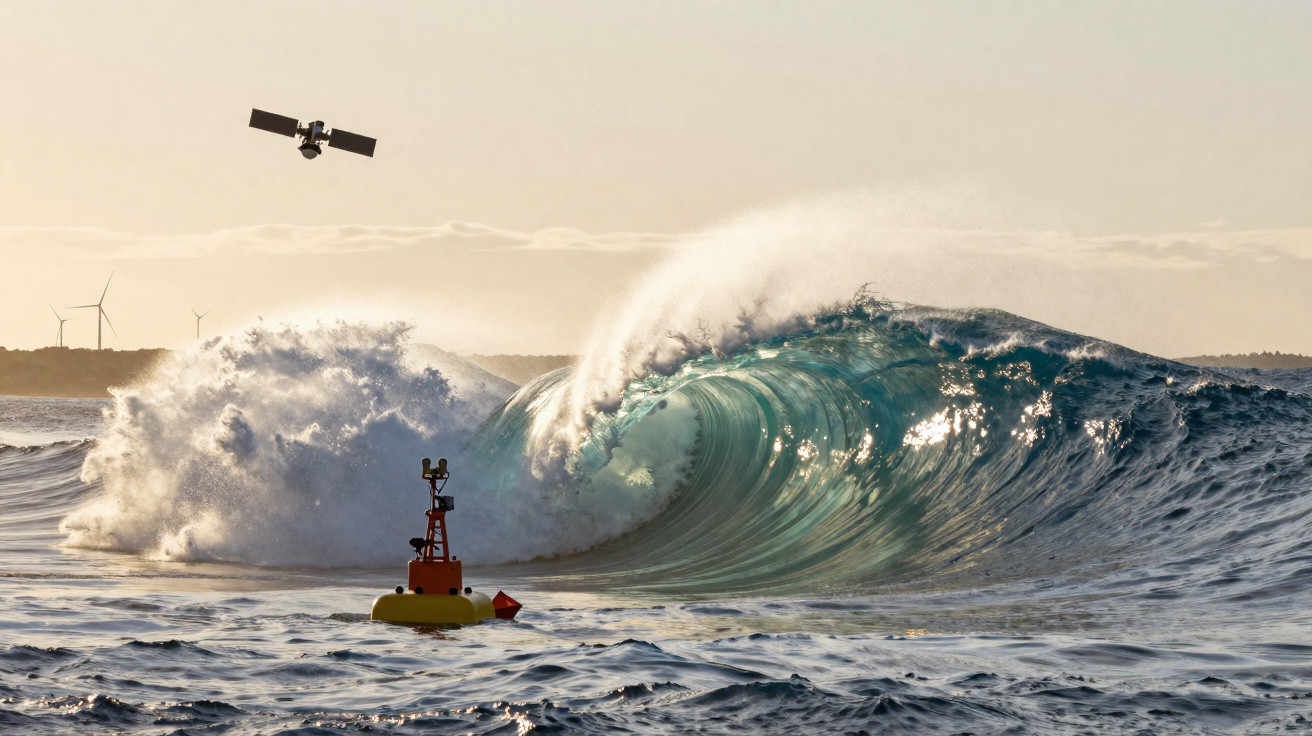 Onda grande quebrando no mar com bóia vermelha e amarela e satélite voando ao fundo ao entardecer.