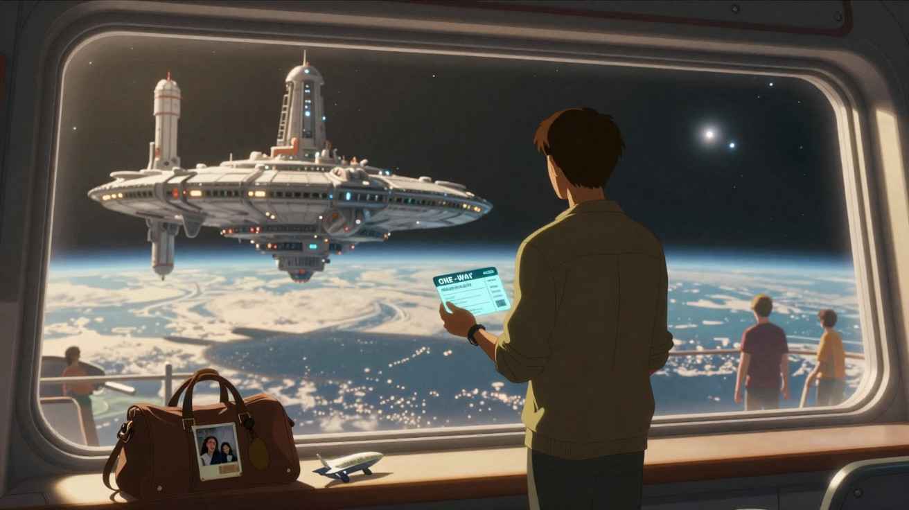 Jovem observa nave espacial flutuando sobre a Terra por janela grande, com mala e documento na mão.