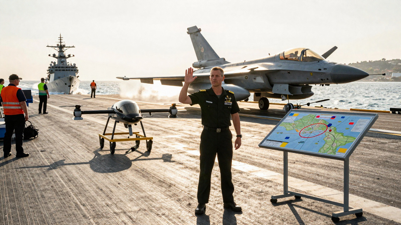 Oficial naval saudando na proa de porta-aviões com aeronave de caça e drone, mapa em suporte metálico.
