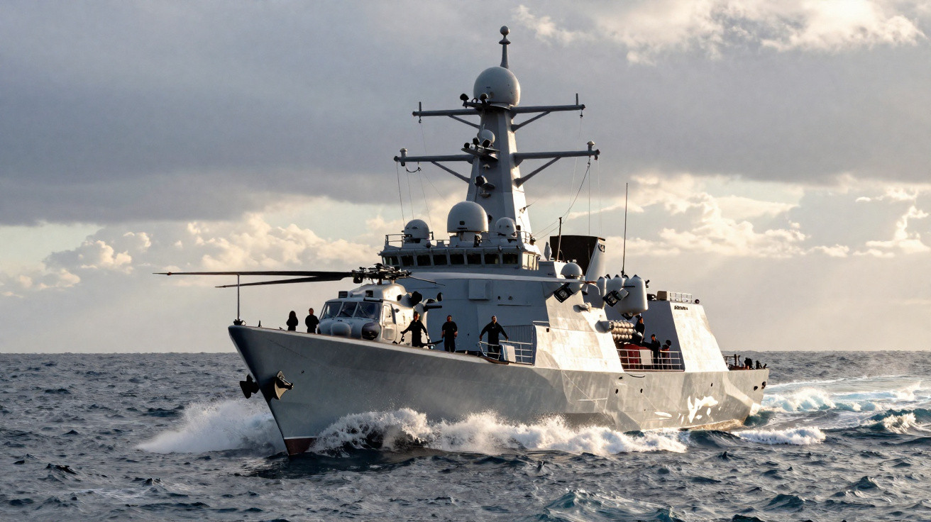Navio de guerra cinza navegando no mar sob céu nublado com ondas agitadas ao redor.