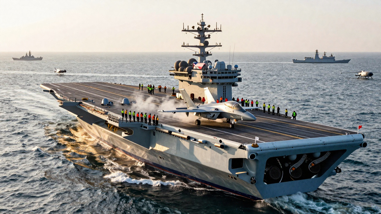Porta-aviões com aviões militares e tripulação em coletes refletivos navegando no mar ao entardecer.