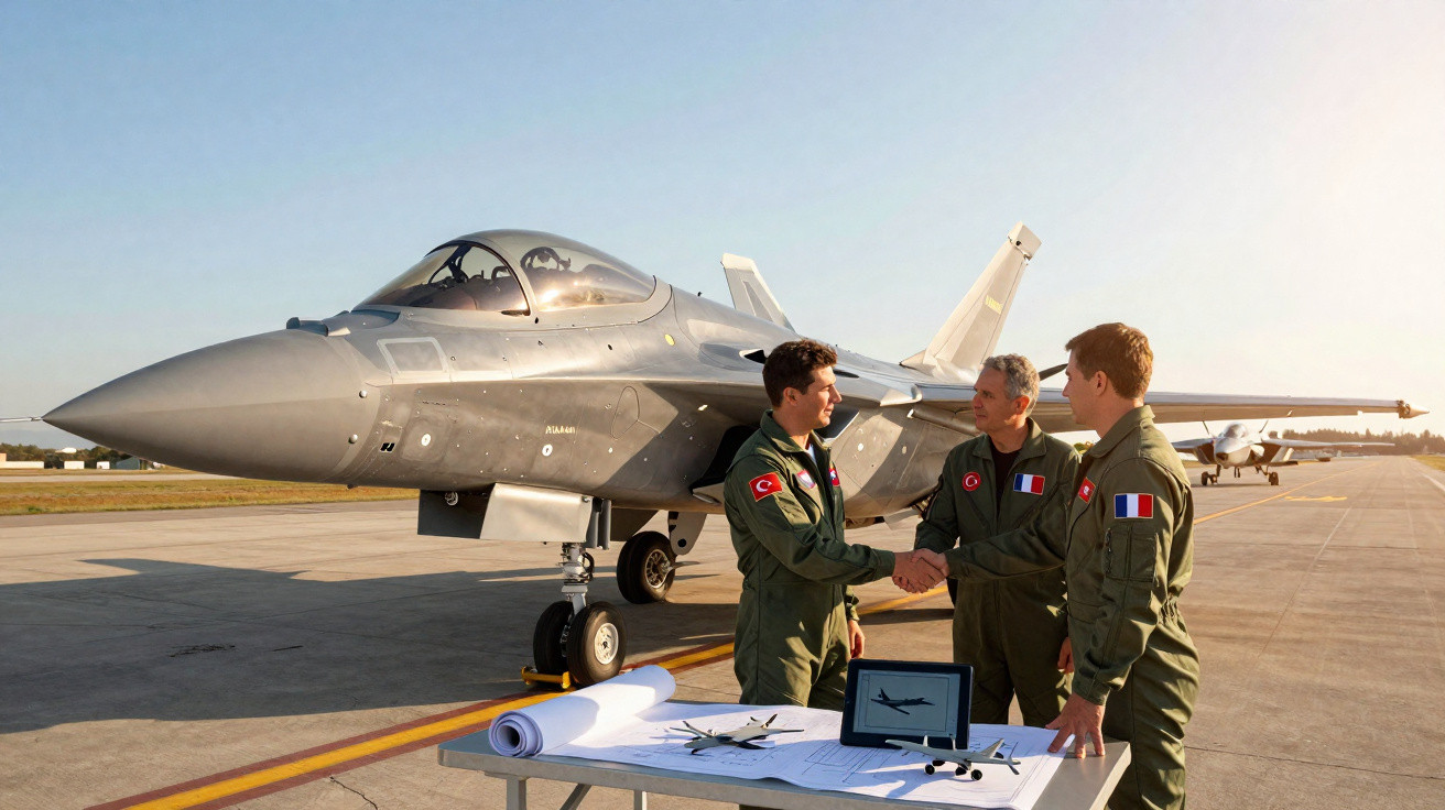 Três pilotos conversam e apertam as mãos ao lado de caça militar estacionado em pista de aeroporto.