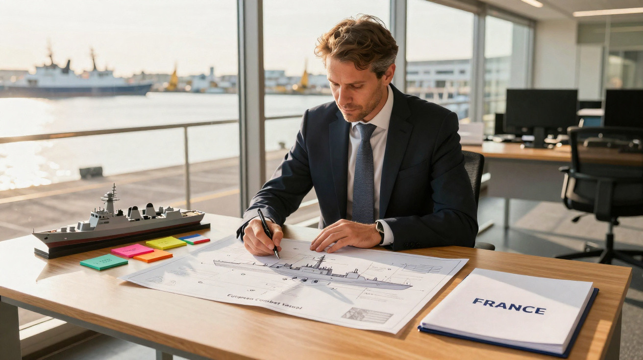 Homem de terno desenhando projeto de navio militar em escritório com vista para doca e modelo do navio.