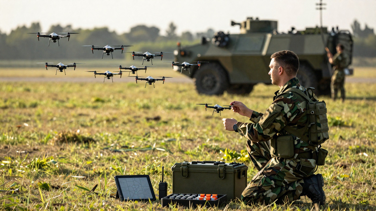 Soldado militar comandando drones com veículo blindado ao fundo em campo aberto.