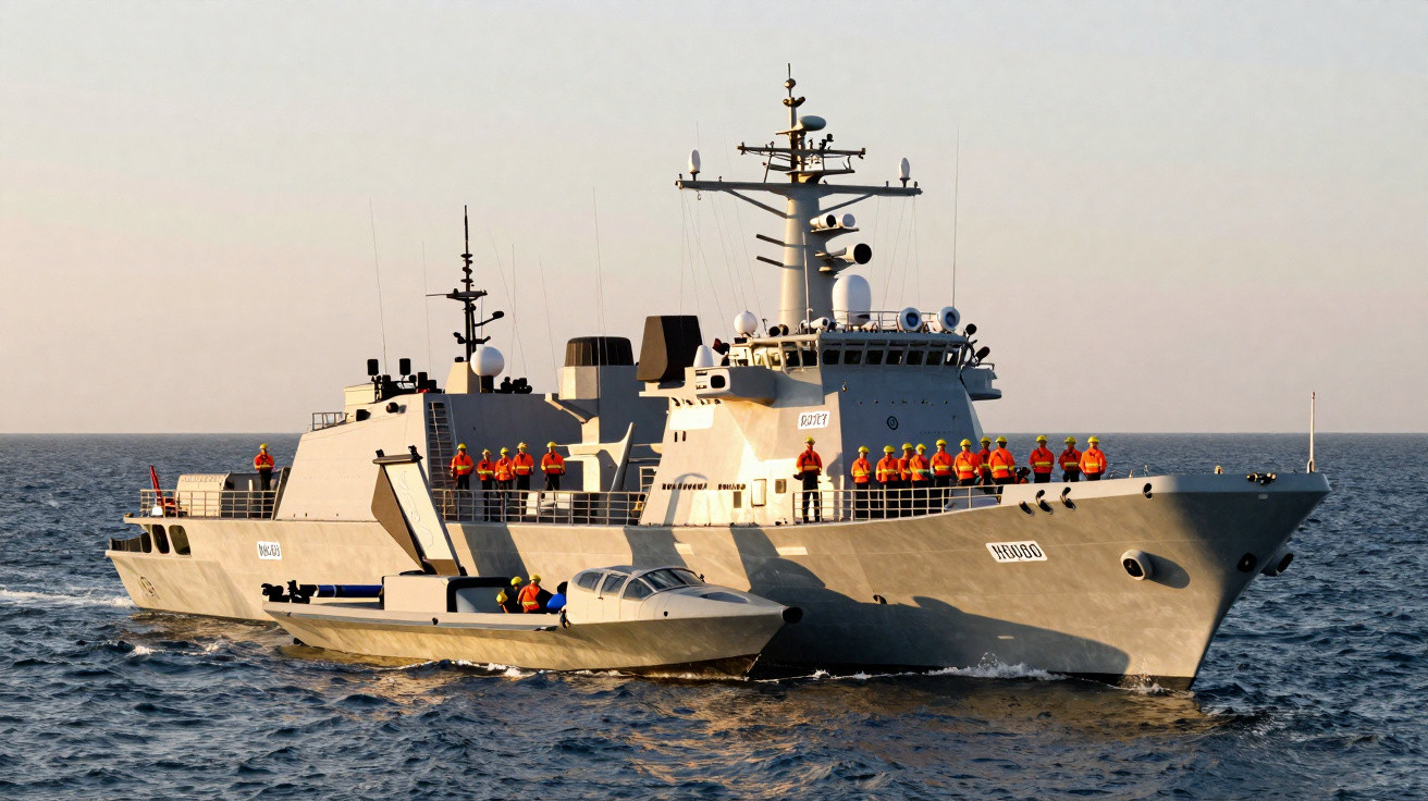 Navio militar cinza com tripulação de coletes laranja em mar calmo ao pôr do sol.