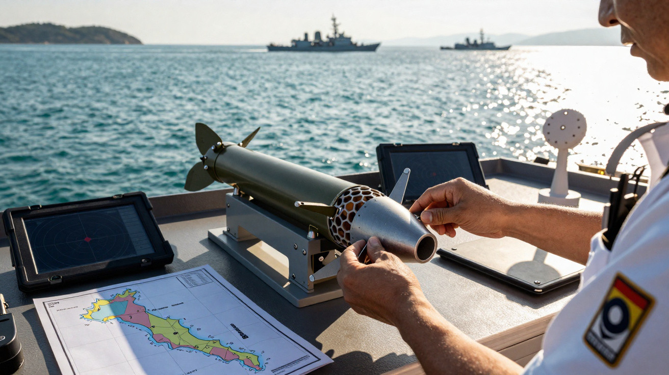 Mãos de militar ajustam torpedo em barco com mapas e radar, com navios de guerra ao fundo no mar.