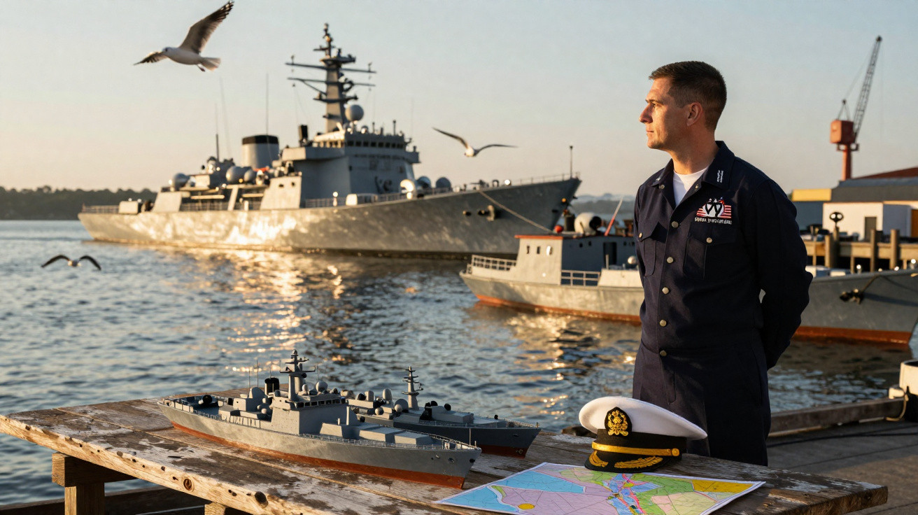 Homem fardado de marinheiro observa navio de guerra no porto ao entardecer, com maquete e mapa na mesa à frente.
