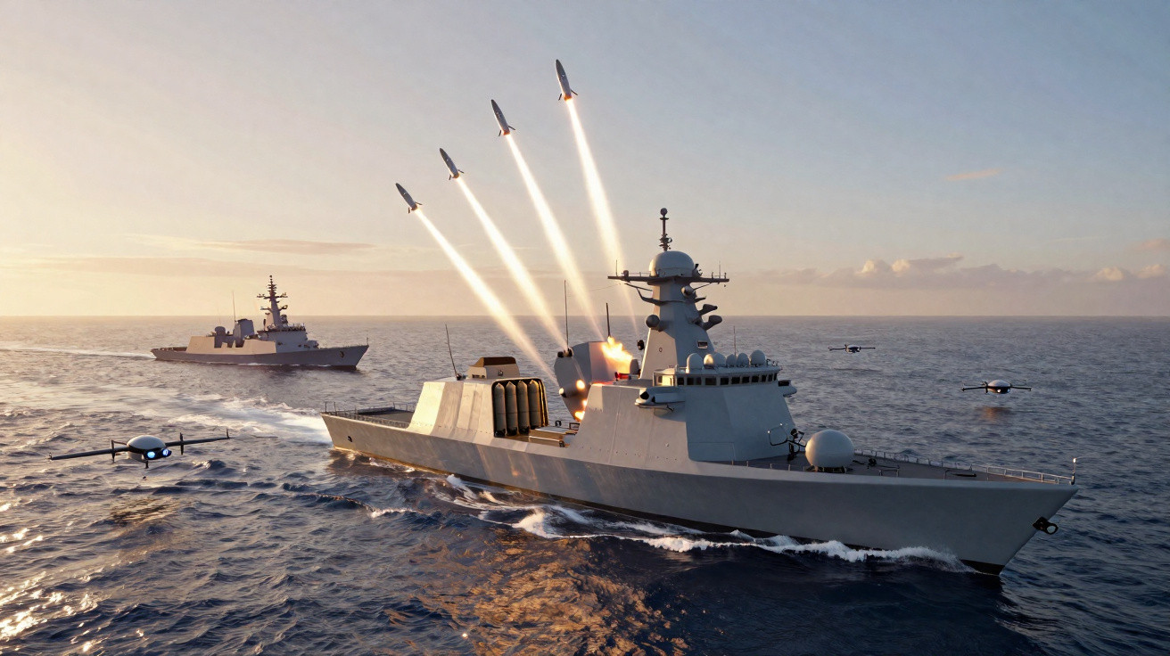 Navios de guerra no mar com foguetes sendo lançados e drones voando ao redor ao entardecer.