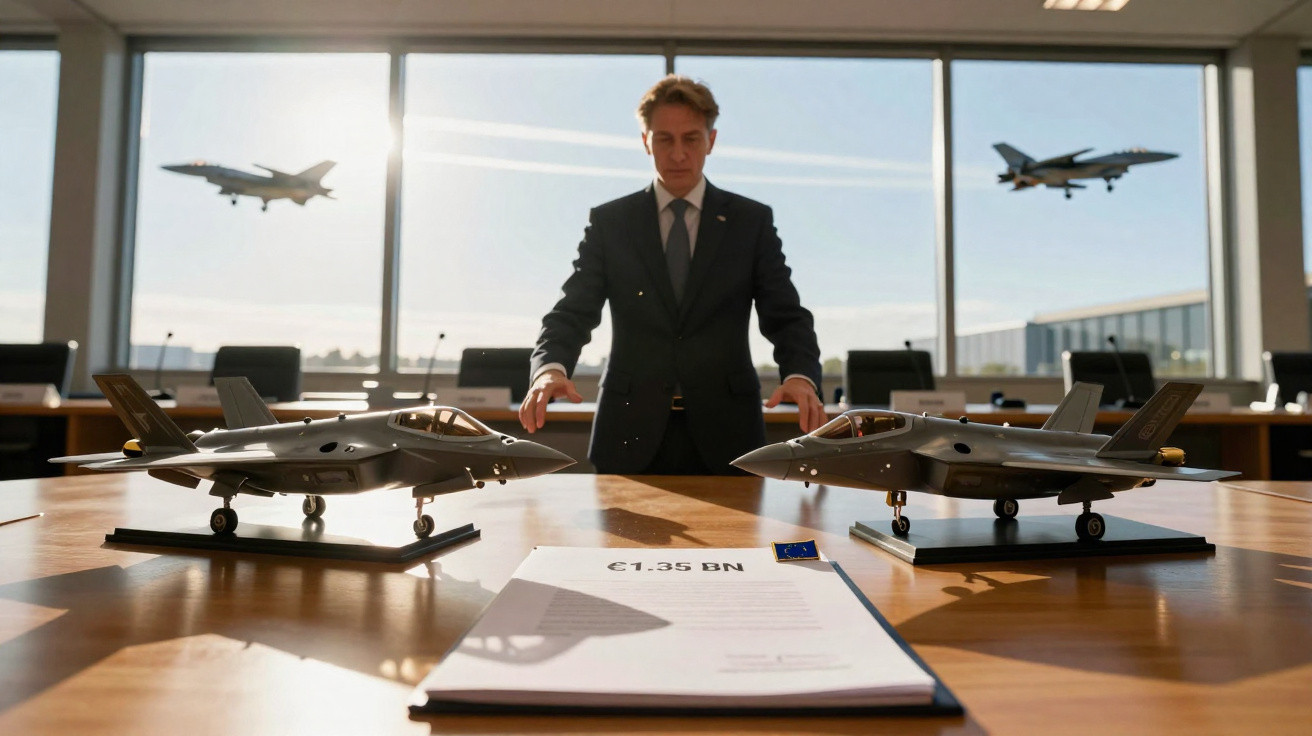 Homem de terno entre modelos de aviões de caça sobre mesa com documento financeiro à frente.