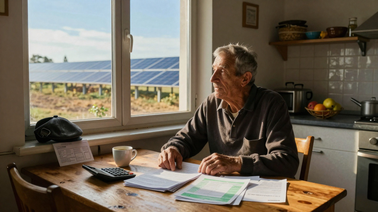 Idoso sentado à mesa com documentos e calculadora, olhando pela janela para painéis solares no campo.