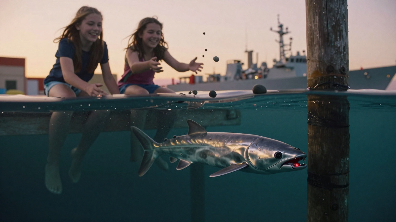 Duas meninas jogam pedras na água enquanto um robô peixe nada próximo a um píer ao pôr do sol.