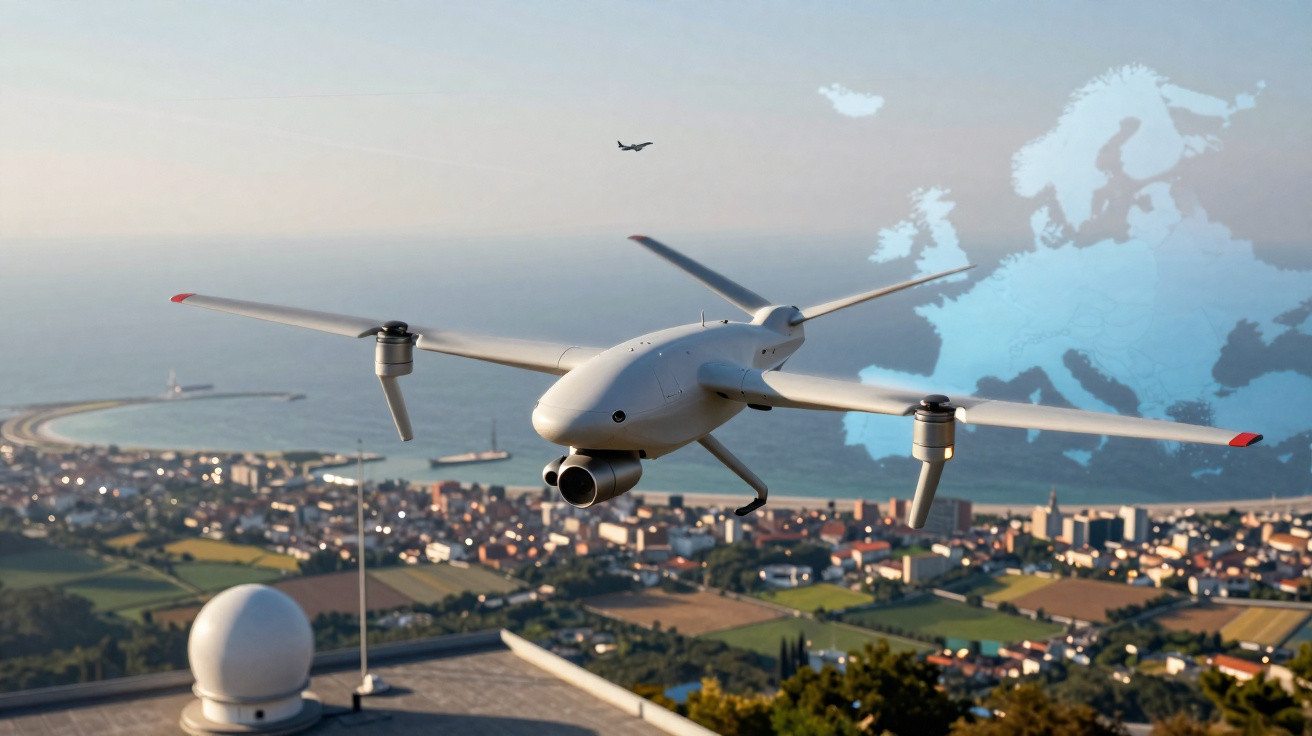 Drone branco sobrevoando cidade costeira com mapa da Europa ao fundo.